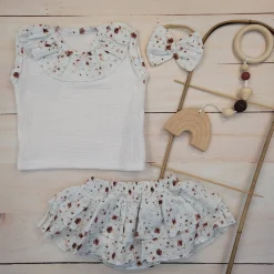 3cz zestaw komplet lato koszulka +bloomersy+opaska 56-98 kwiaty