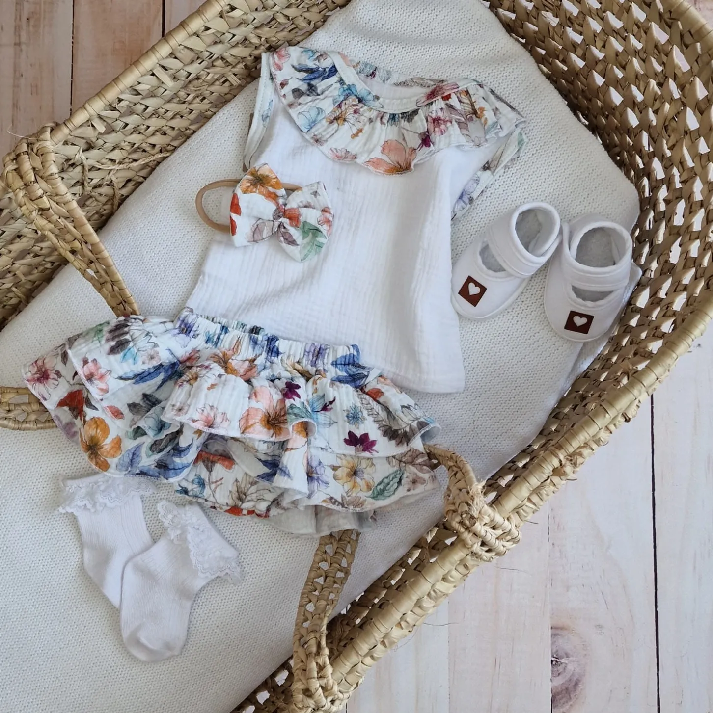 3cz zestaw komplet lato koszulka +bloomersy+opaska 56-98 kwiaty
