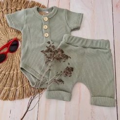 2 cz zestaw komplet prążkowany body+spodenki na lato 56-86 khaki