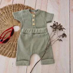2 cz zestaw komplet prążkowany body+spodenki na lato 56-86 khaki