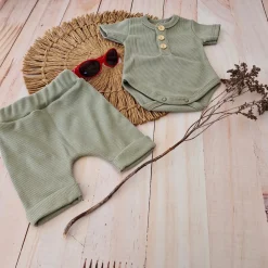 2 cz zestaw komplet prążkowany body+spodenki na lato 56-86 khaki