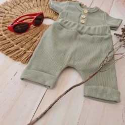 2 cz zestaw komplet prążkowany body+spodenki na lato 56-86 khaki