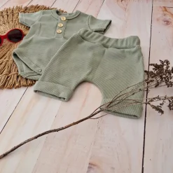 2 cz zestaw komplet prążkowany body+spodenki na lato 56-86 khaki