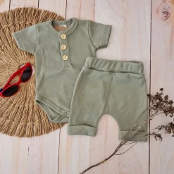 2 cz zestaw komplet prążkowany body+spodenki na lato 56-86 khaki