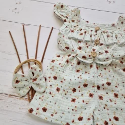 Dziewczęcy rampers/kombinezon muślinowy + opaska z falbankami kwiaty ostatnie sztuki 56, 86