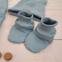 Kazum Bawełniany kombinezon z odpinanym kapturem+buciki+czapeczka,rosnący z dzieckiem 56-86, mineral blue