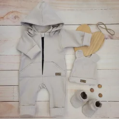 Kazum Bawełniany kombinezon z odpinanym kapturem+buciki+czapeczka,rosnący z dzieckiem 56-86, alabaster beige