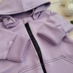 Kazum Bawełniany kombinezon z odpinanym kapturem+buciki+czapeczka,rosnący z dzieckiem 56-86, soft lilac