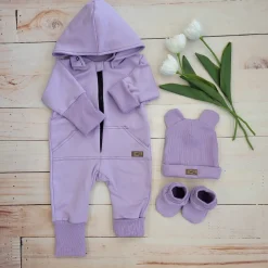 Kazum Bawełniany kombinezon z odpinanym kapturem+buciki+czapeczka,rosnący z dzieckiem 56-86, soft lilac