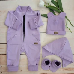 Kazum Bawełniany kombinezon z odpinanym kapturem+buciki+czapeczka,rosnący z dzieckiem 56-86, soft lilac