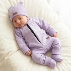 Kazum Bawełniany kombinezon z odpinanym kapturem+buciki+czapeczka,rosnący z dzieckiem 56-86, soft lilac