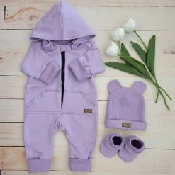 Kazum Bawełniany kombinezon z odpinanym kapturem+buciki+czapeczka,rosnący z dzieckiem 56-86, soft lilac