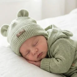 KAZUM Czapka niemowlęca włóczkowa wiązana z uszkami 56-86 olive green
