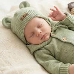 KAZUM Czapka niemowlęca włóczkowa wiązana z uszkami 56-86 olive green