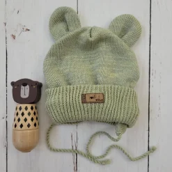 KAZUM Czapka niemowlęca włóczkowa wiązana z uszkami 56-86 olive green