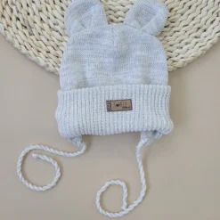 KAZUM Czapka niemowlęca włóczkowa wiązana z uszkami 56-86 cappuccino