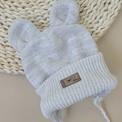 KAZUM Czapka niemowlęca włóczkowa wiązana z uszkami 56-86 cappuccino