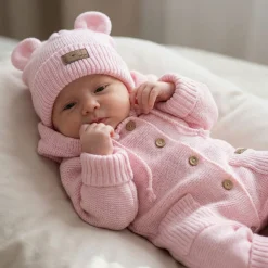 KAZUM Czapka niemowlęca włóczkowa wiązana z uszkami 56-86 pinky rose