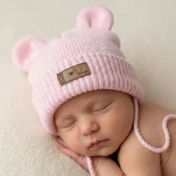 KAZUM Czapka niemowlęca włóczkowa wiązana z uszkami 56-86 pinky rose
