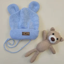KAZUM Czapka niemowlęca włóczkowa wiązana z uszkami 56-86 baby blue
