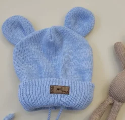 KAZUM Czapka niemowlęca włóczkowa wiązana z uszkami 56-86 baby blue