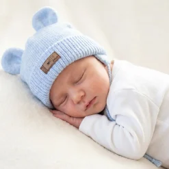 KAZUM Czapka niemowlęca włóczkowa wiązana z uszkami 56-86 baby blue