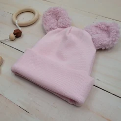 KAZUM Czapka podwójna niemowlęca prążkowana z misiowymi uszkami rozmiar 56-86 pinky rose