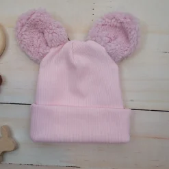 KAZUM Czapka podwójna niemowlęca prążkowana z misiowymi uszkami rozmiar 56-86 pinky rose