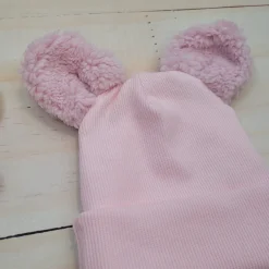 KAZUM Czapka podwójna niemowlęca prążkowana z misiowymi uszkami rozmiar 56-86 pinky rose
