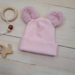 KAZUM Czapka podwójna niemowlęca prążkowana z misiowymi uszkami rozmiar 56-86 pinky rose