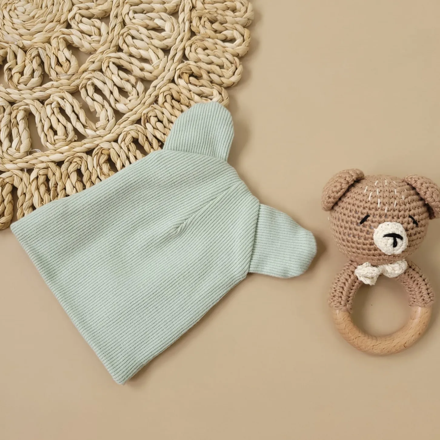 KAZUM Czapka podwójna prążkowana niemowlęca z uszami mint green rozmiar 56-86