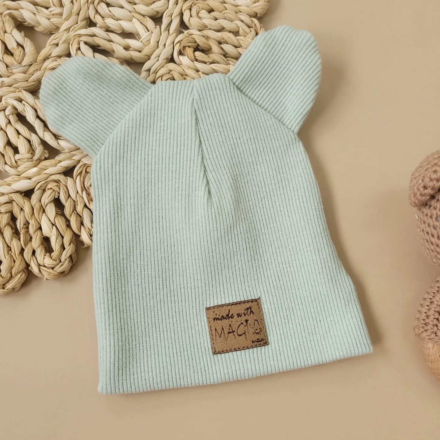 KAZUM Czapka podwójna prążkowana niemowlęca z uszami mint green rozmiar 56-86