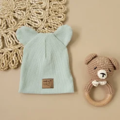 KAZUM Czapka podwójna prążkowana niemowlęca z uszami mint green rozmiar 56-86
