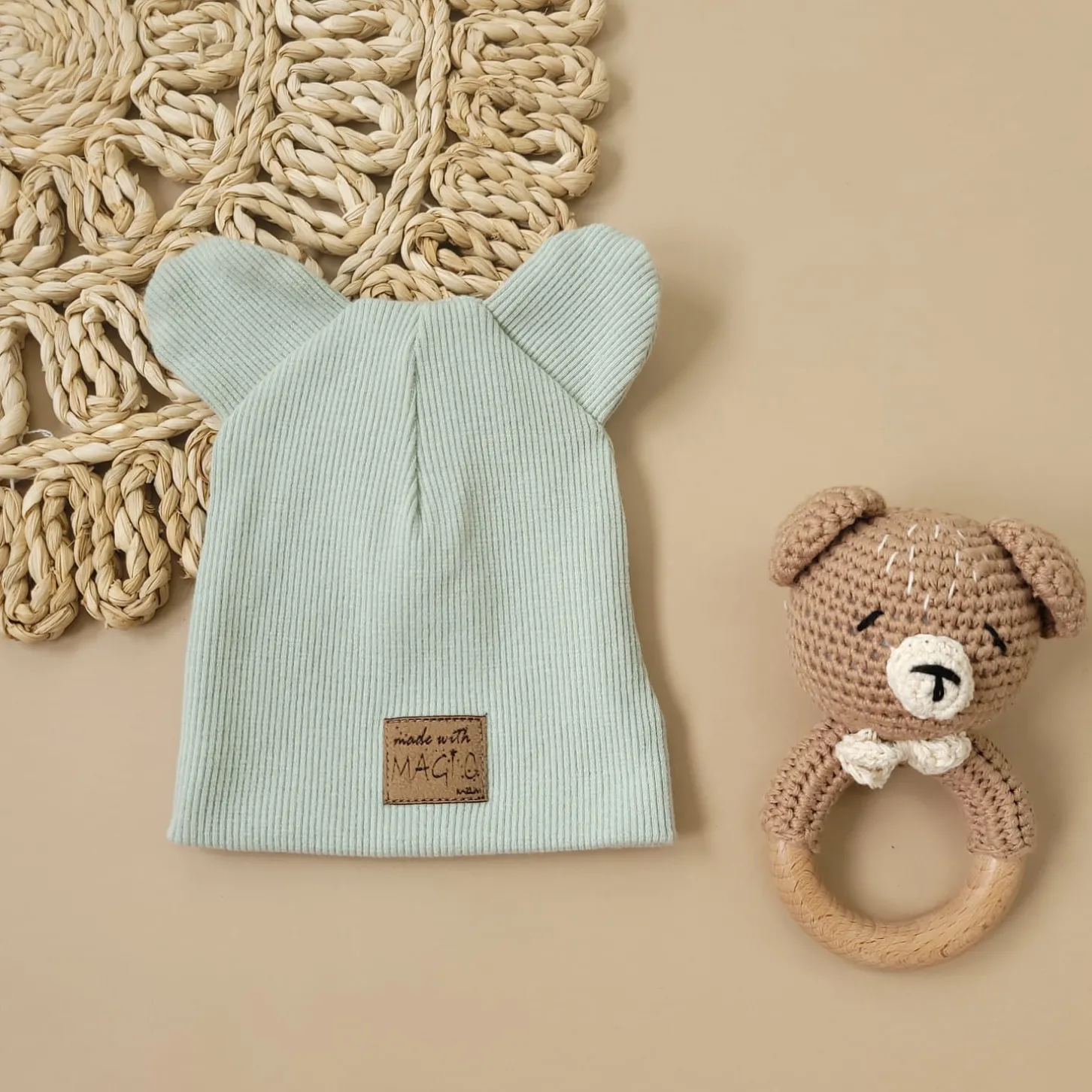 KAZUM Czapka podwójna prążkowana niemowlęca z uszami mint green rozmiar 56-86