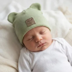 KAZUM Czapka podwójna prążkowana niemowlęca z uszami olive green rozmiar 56-86