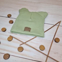 KAZUM Czapka podwójna prążkowana niemowlęca z uszami olive green rozmiar 56-86