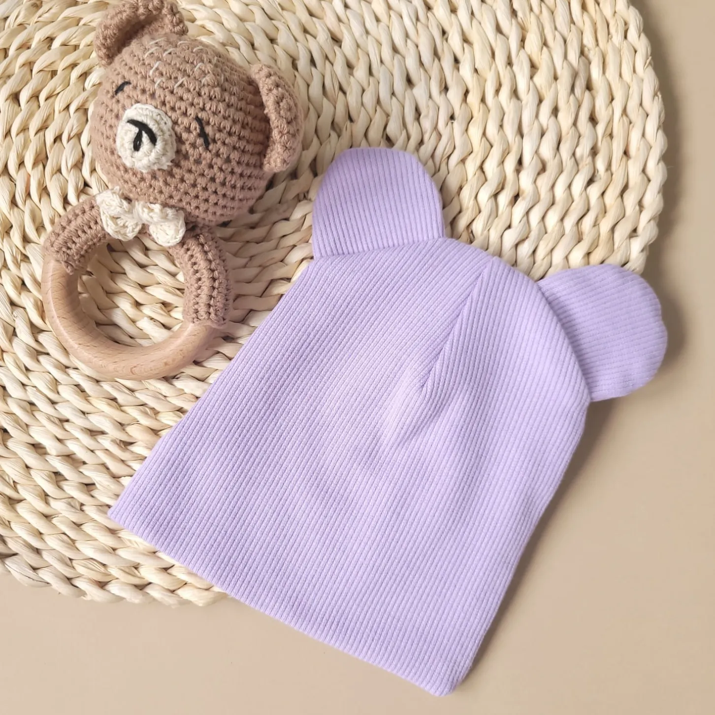 KAZUM Czapka podwójna prążkowana niemowlęca z uszami soft lilac jasny fiolet rozmiar 56-86
