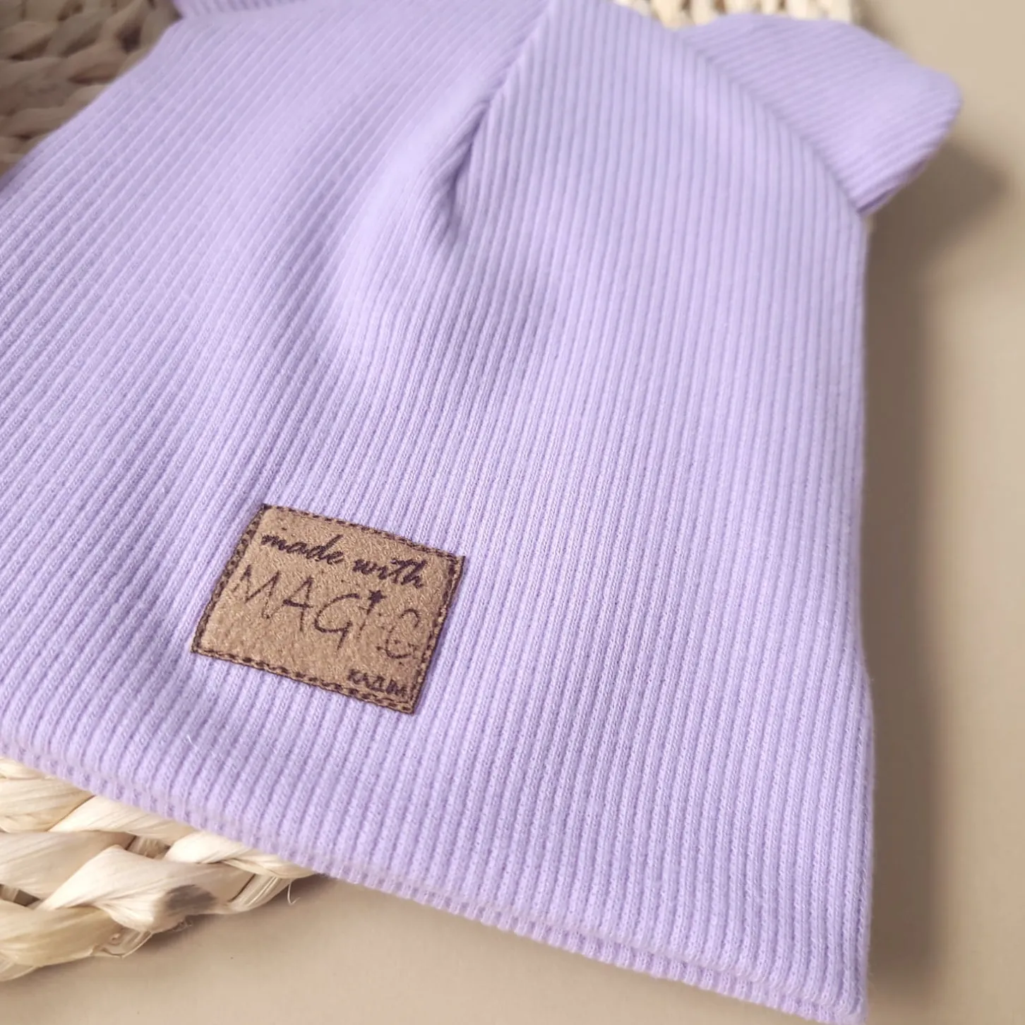 KAZUM Czapka podwójna prążkowana niemowlęca z uszami soft lilac jasny fiolet rozmiar 56-86