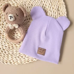 KAZUM Czapka podwójna prążkowana niemowlęca z uszami soft lilac jasny fiolet rozmiar 56-86