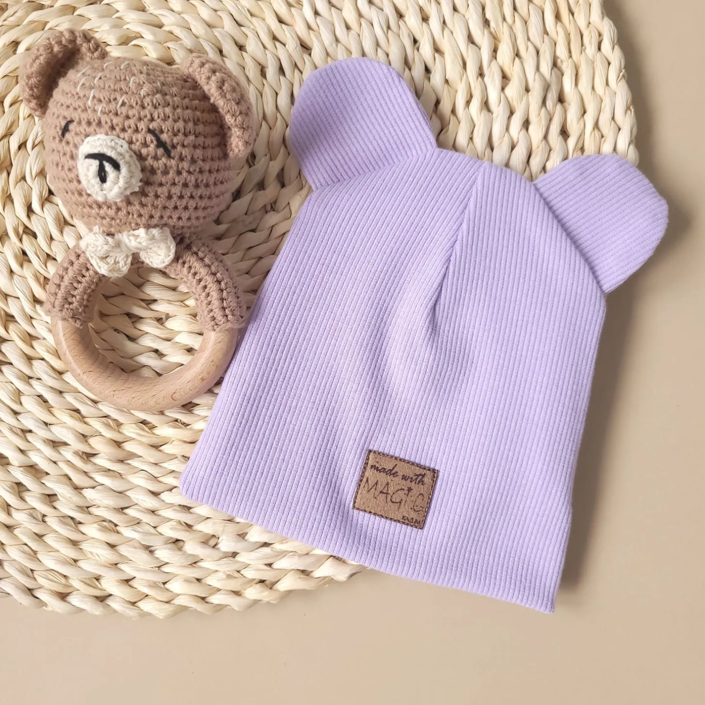 KAZUM Czapka podwójna prążkowana niemowlęca z uszami soft lilac jasny fiolet rozmiar 56-86