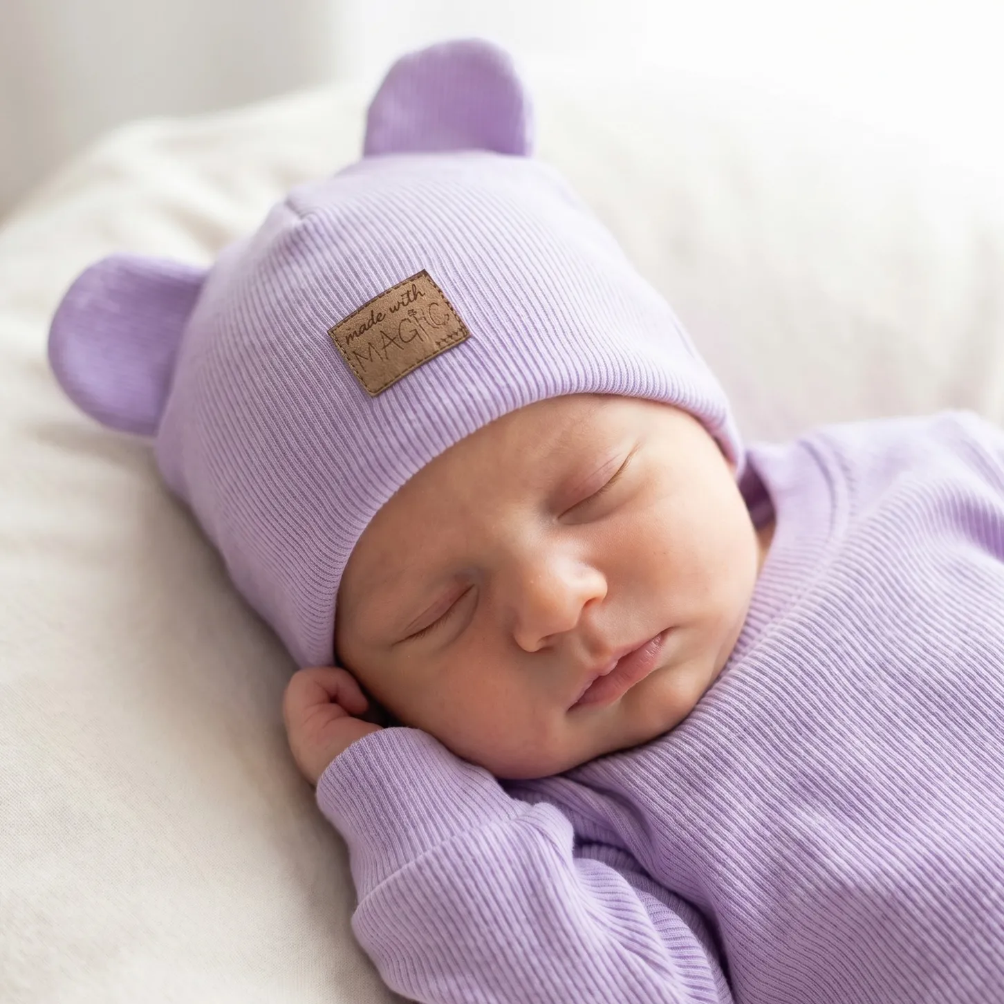 KAZUM Czapka podwójna prążkowana niemowlęca z uszami soft lilac jasny fiolet rozmiar 56-86