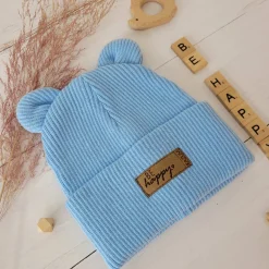 KAZUM Czapka włóczkowa bawełniana podwójna, wywijana z uszkami błękitna baby blue