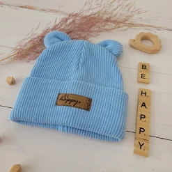 KAZUM Czapka włóczkowa bawełniana podwójna, wywijana z uszkami błękitna baby blue