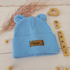 KAZUM Czapka włóczkowa bawełniana podwójna, wywijana z uszkami błękitna baby blue