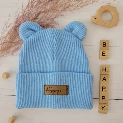 KAZUM Czapka włóczkowa bawełniana podwójna, wywijana z uszkami błękitna baby blue