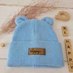KAZUM Czapka włóczkowa bawełniana podwójna, wywijana z uszkami błękitna baby blue