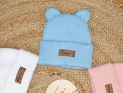 KAZUM Czapka włóczkowa bawełniana podwójna, wywijana z uszkami błękitna baby blue