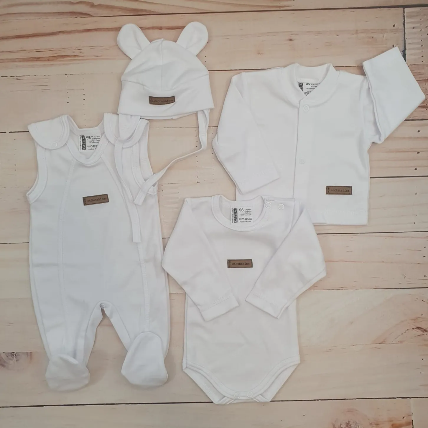 KAZUM 4 cz komplet: body +śpioch+kaftanik+czapka white ostatnie sztuki 50, 56, 62