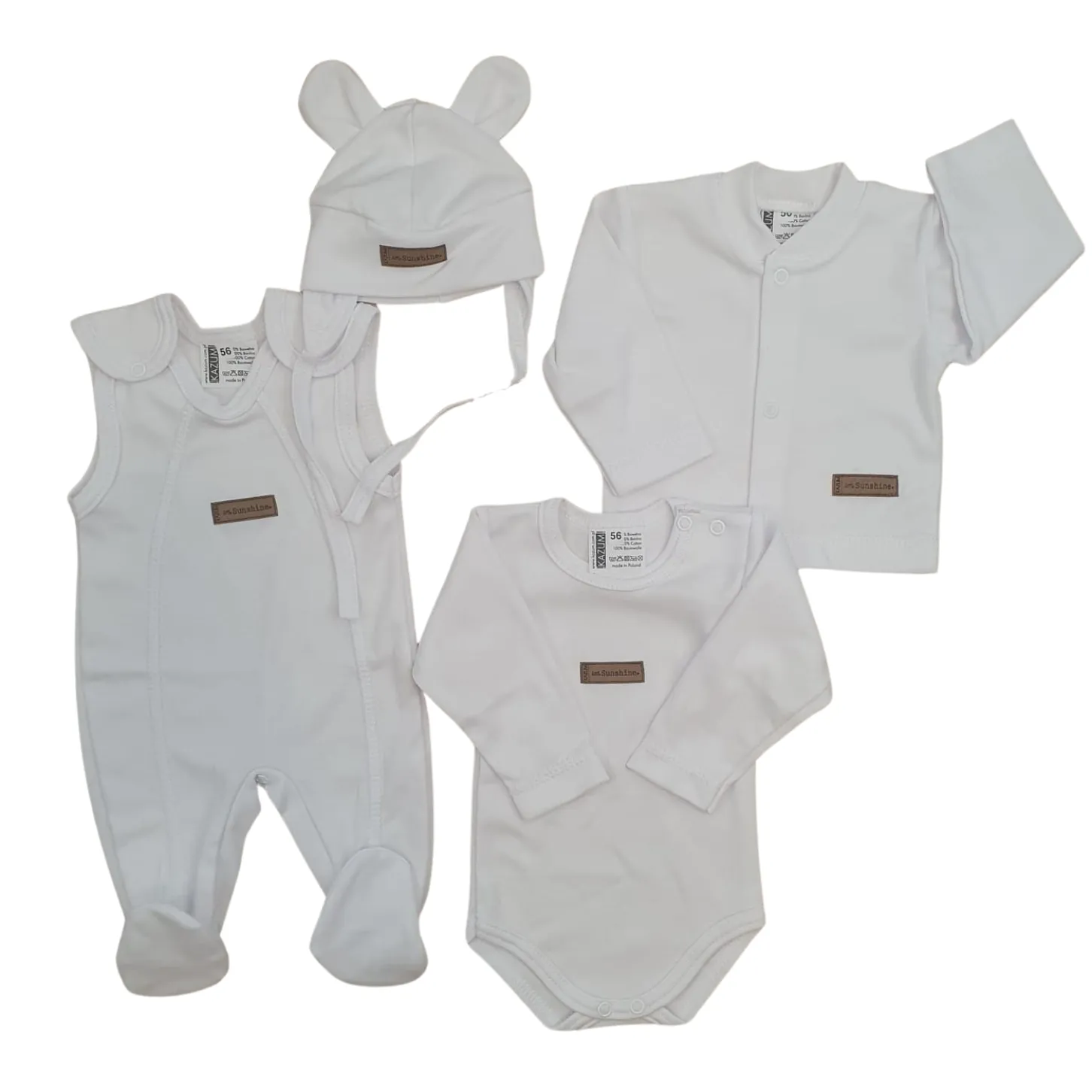 KAZUM 4 cz komplet: body +śpioch+kaftanik+czapka white ostatnie sztuki 50, 56, 62
