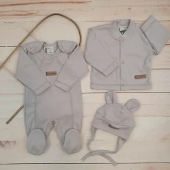 KAZUM 4 cz komplet: body +śpioch+kaftanik+czapka silver ostatnie sztuki 50